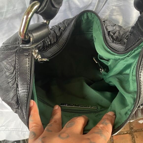 DONALD J PLINER Pleated Textured Black LEATHER HOBO Shoulder Bag - Picture 8 of 10